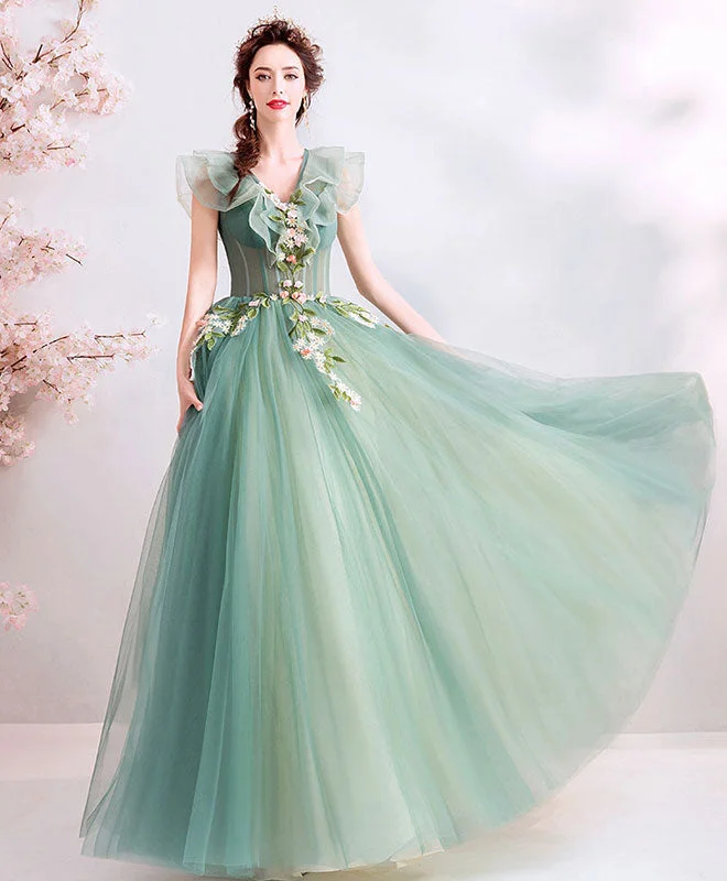 Trumpet DressGreen V Neck Tulle Lace Long Prom Dress, Green Evening Dress