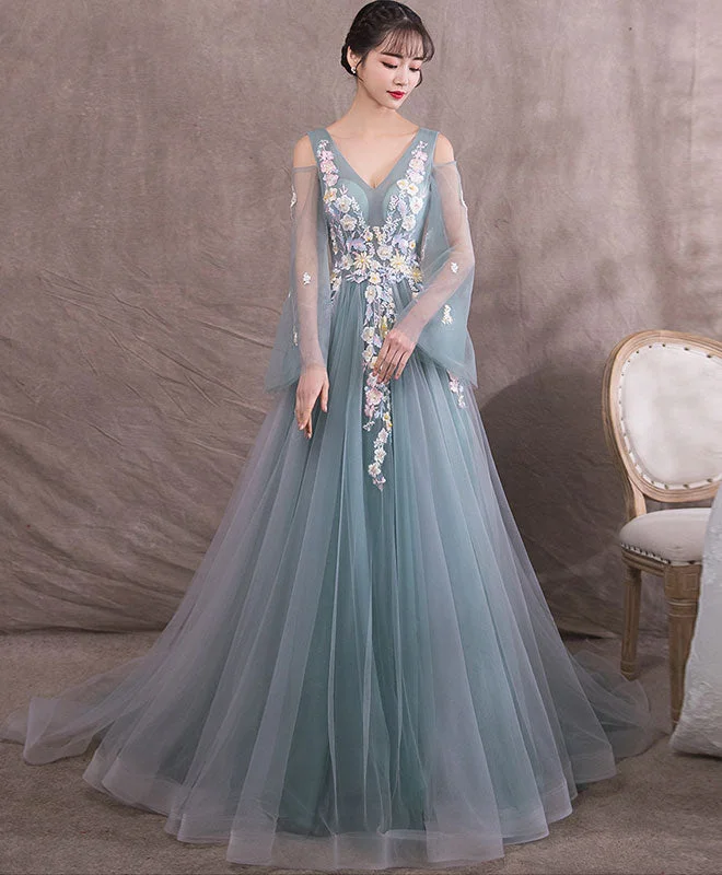 Long-Sleeve DressGreen V Neck Tulle Lace Long Prom Dress, Gray Green Evening Dress