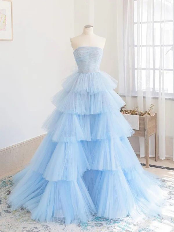 Jersey DressBlue Tulle Long Prom Dress, Blue Tulle Ball Gown Evening Dresses