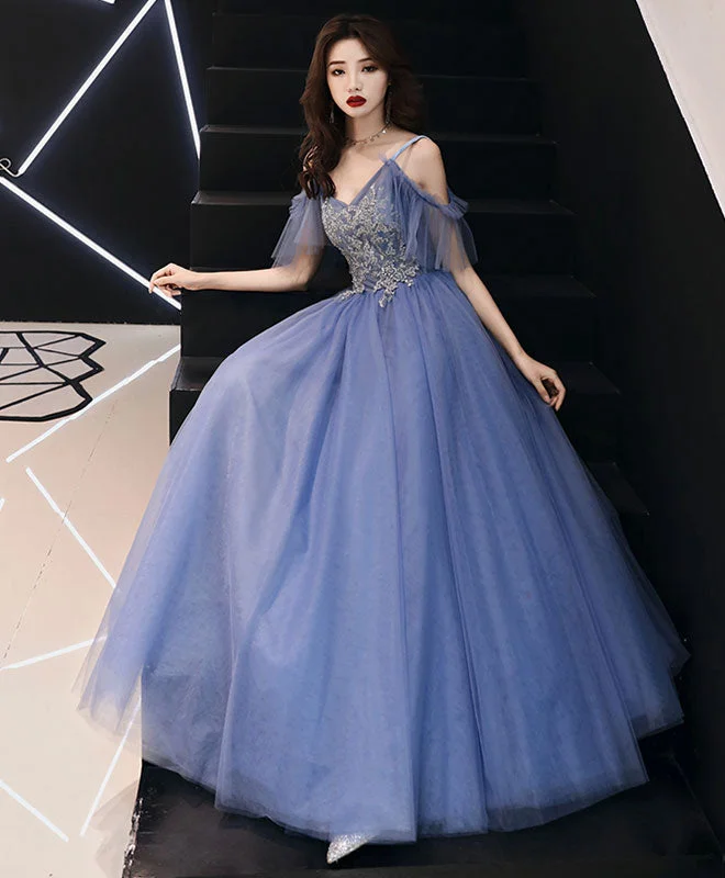 women's empire-line dressesBlue V Neck Tulle Lace Long Prom Dress, Blue Tulle Evening Dress