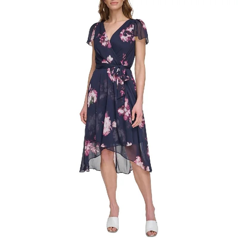 women's off-the-shoulder dressesDKNY Womens Petites Floral Print Crepe Midi Dress