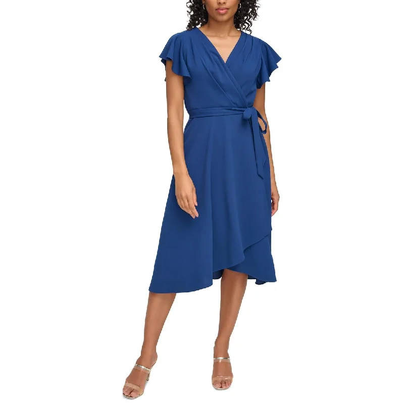 women's satin dressesDKNY Womens Faux Wrap Pleated Midi Dress