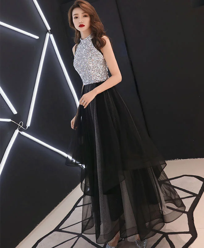 Bow-Tie DressBlack Sequin Tulle Long Prom Dress, Black Tulle Evening Dress