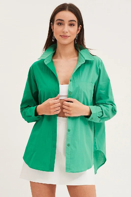 women's tops for business casual attireGreen Relaxed Shirts Long Sleeve Colour Block