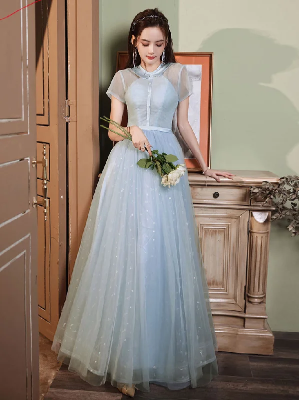 women's spaghetti strap dressesBlue A-line Tulle Long Prom Dress, Tulle Evening Dress