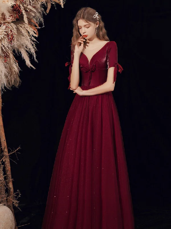 Neon DressBurgundy A-line V Neck Tulle Long Prom Dress Burgundy Evening Dress