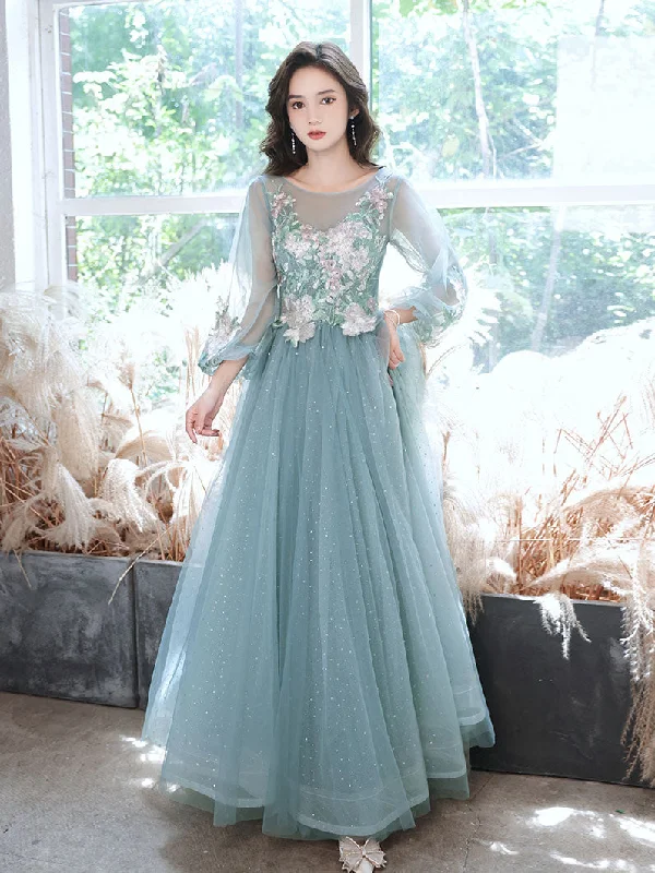 Pearl DressGreen Round Neck Tulle Lace Long Prom Dress, Green Evening Dress