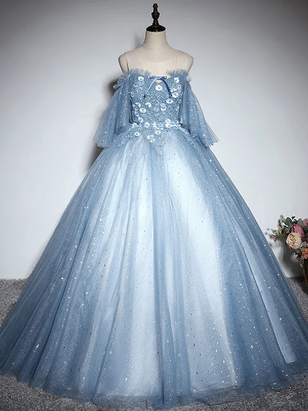 Ruffled Hem DressBlue Sweetheart Neck Tulle Lace Long Prom Dress, Blue Evening Dress