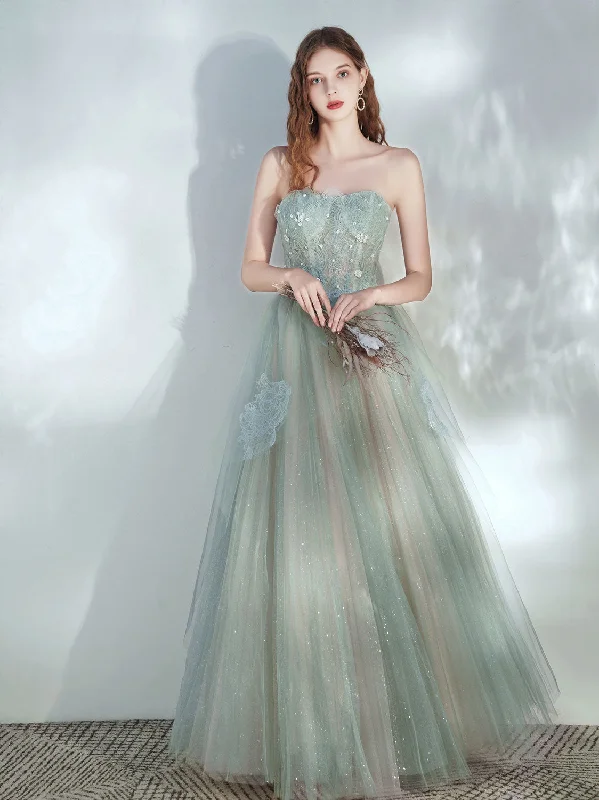 Scoop-Neck DressGreen Tulle Lace Long Prom Dress, Green Tulle Evening Dress