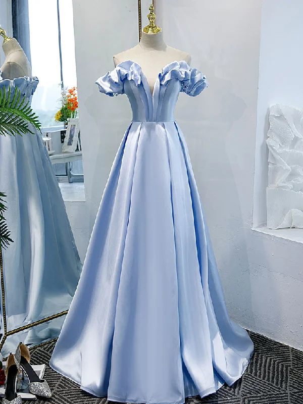 Chic DressBlue A-line Off Shoulder Long Prom Dress, Blue Evening Dress