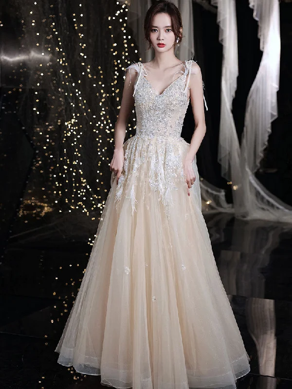 Knit DressChampagne V Neck Tulle Sequin Lace Long Prom Dress, Champagne Evening Dress