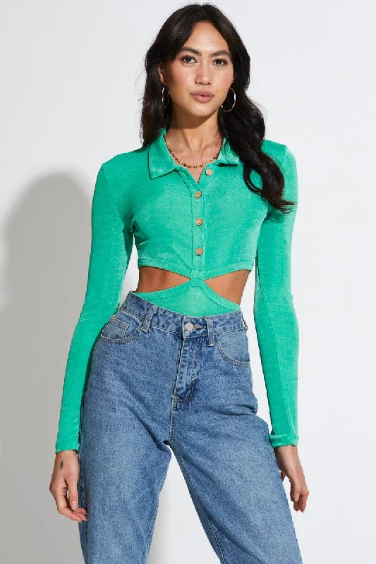 off-the-shoulder women's topsGreen Bodysuit Top Long Sleeve