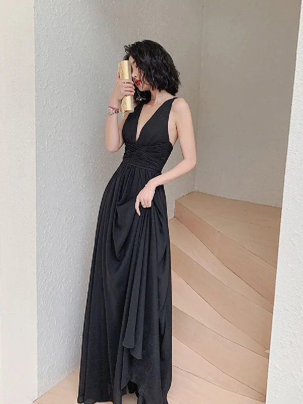 women's floral dressesSimple V Neck Chiffon Black Long Prom Dress, Black Evening Dresses