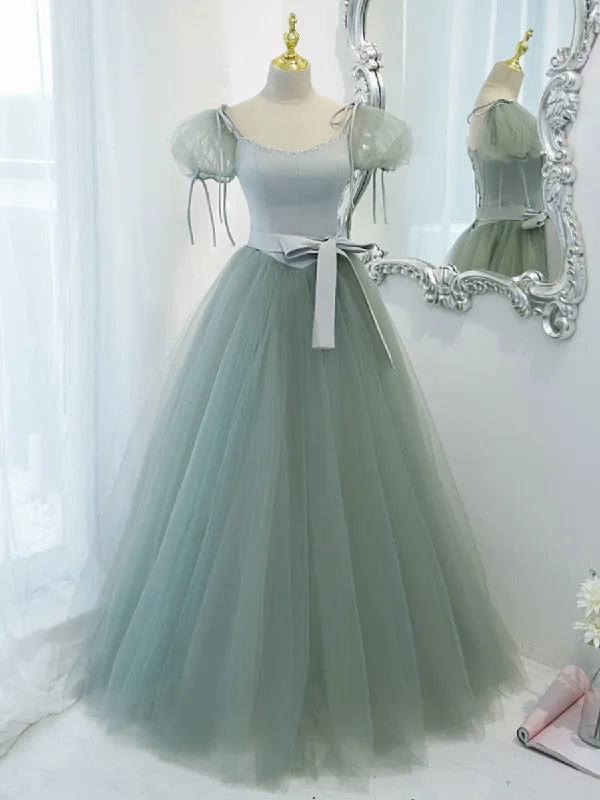 Striped DressGreen Round Neck Tulle Long Prom Dress, Green Evening Dress