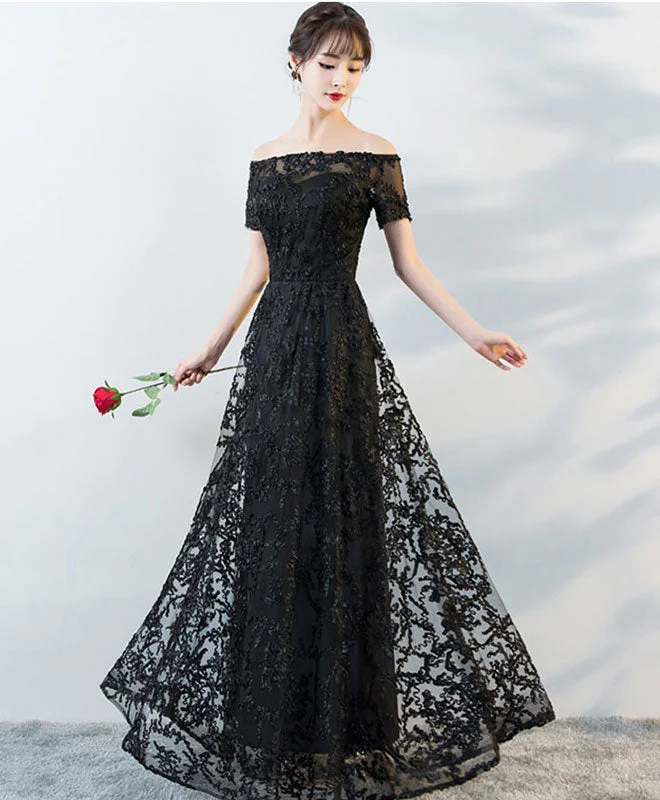 Tea-Length DressBlack Tulle Lace Long Prom Dress, Black Lace Evening Dress