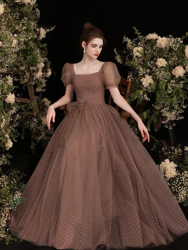 Beaded DressSimple Brown Tulle Long Prom Dress, Tulle Evening Dress