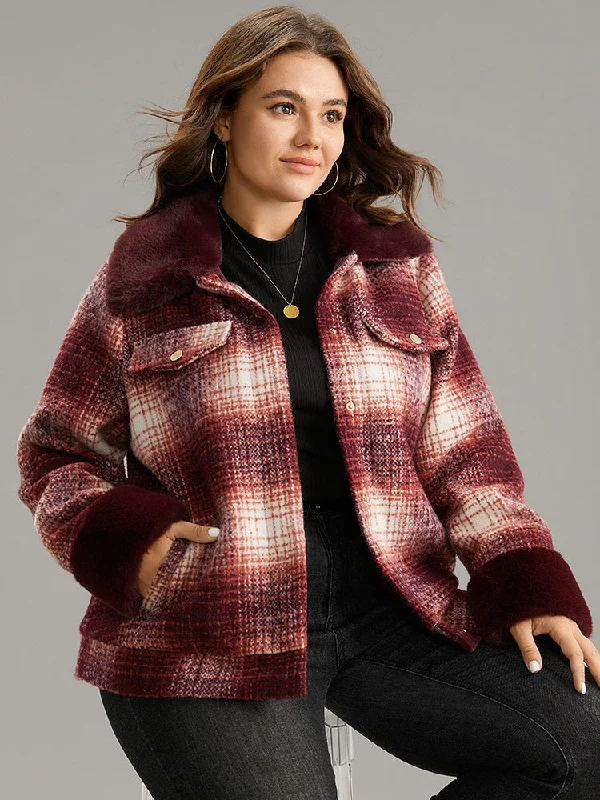 women's coats for those who want to make a fashion statementPlaid Patchwork Button Through Fuzzy Trim Jacket