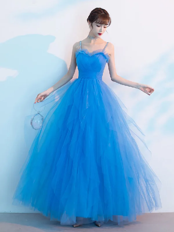 women's vacation dressesBlue Sweetheart Neck Tulle Long Prom Dress, Blue Evening Dress