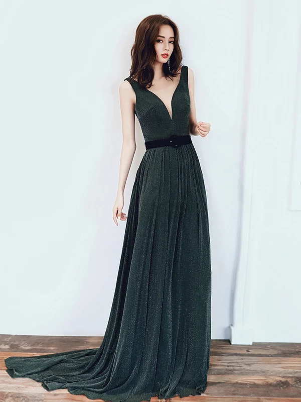 Glamour DressSimple Green V Neck Long Prom Dresses, Green Evening Dresses