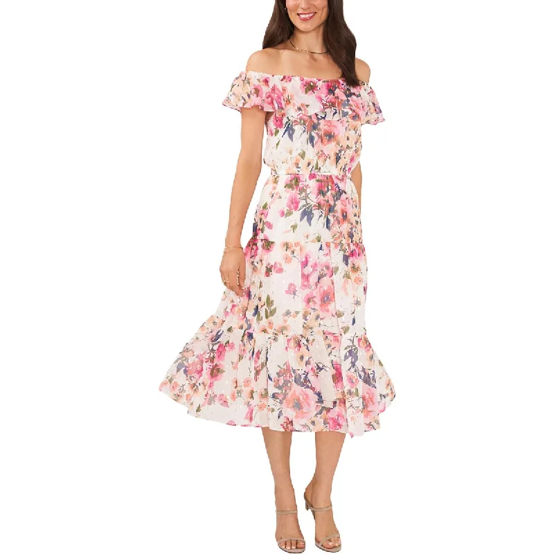 High-Neck DressMSK Womens Floral Off-The-Shoulder Midi Dress