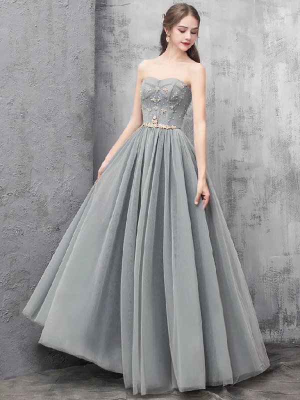 women's stylish dressesGray A-line Tulle Long Prom Dress Gray A-line Formal Evening Dress