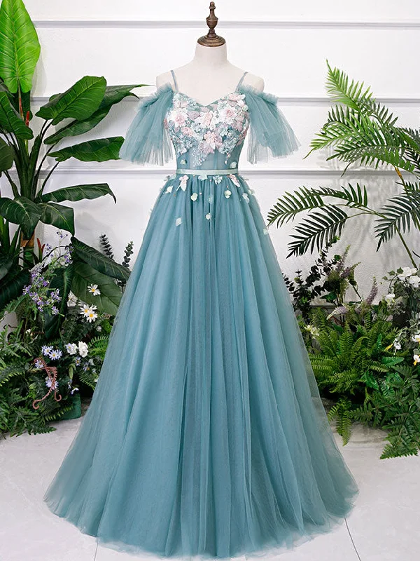 women's formal dressesGreen V Neck Tulle Lace Long Prom Dress Lace Evening Dress