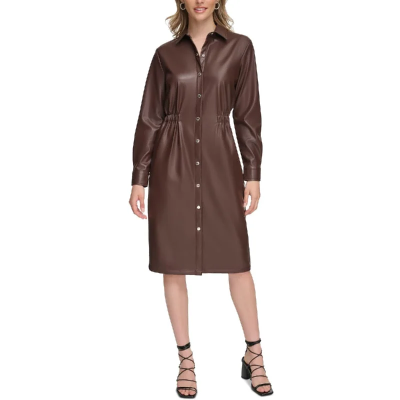 women's spaghetti strap dressesCalvin Klein Womens Faux Leather Midi Shirtdress