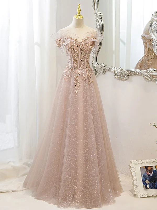 Animal Print DressChampagne Tulle Lace A line Long Prom Dress, Lace Champagne Evening Dress