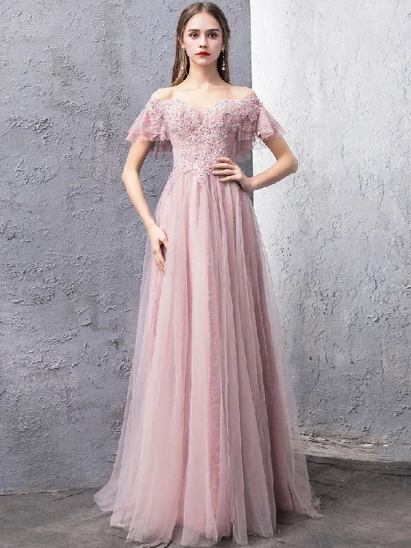 women's solid color dressesPink Tulle Lace Off Shoulder Long Prom Dress, Pink Evening Dress