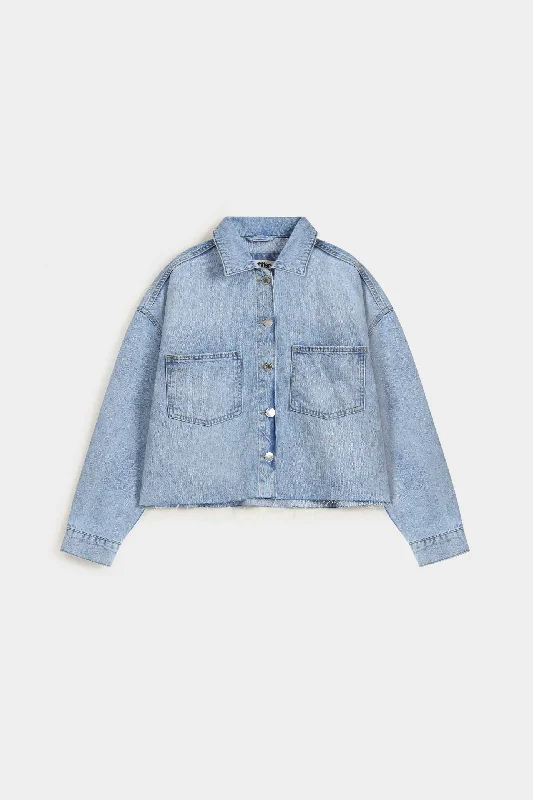 women's coats for those who seek both warmth and flairCropped Denim Jacket With Raw Hem Detail