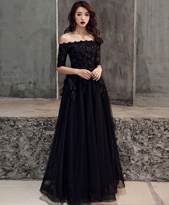 Glitter DressBlack Tulle Lace Long Prom Dress, Black Tulle Evening Dress