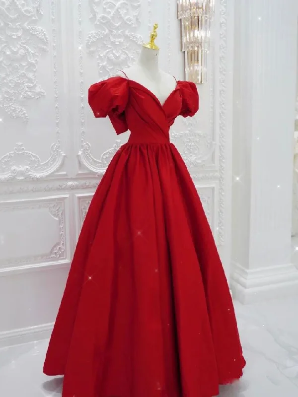 women's lace dressesRed V Neck Satin Long Prom Dress, Red Formal Evening Dresses