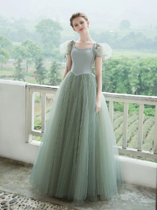 Plunging Neckline DressSimple Green Tulle Long Prom Dress, Green Tulle Evening Dress