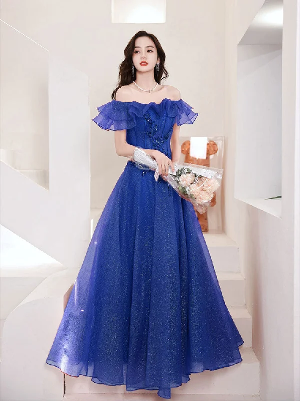 women's one-shoulder dressesBlue Tulle Off Shoulder Long Prom Dress, Tulle A line Evening Dress