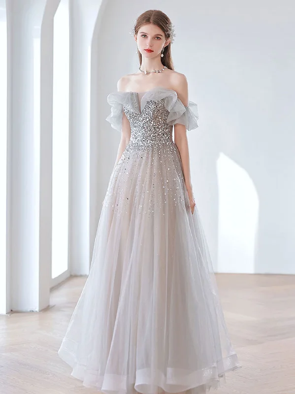 women's wedding guest dressesElegant Gray Tulle Sequin Long Prom Dress, Gray Tulle Evening Dresses