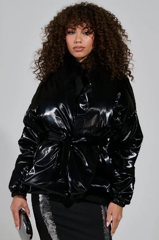 women's coats with thigh-high slitsLIQUID METAL WRAP PUFFER