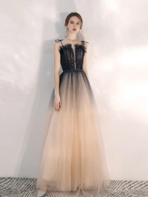 A-Line DressChampagne A line Tulle Sequin Long Prom Dress, Champagne Evening Dress