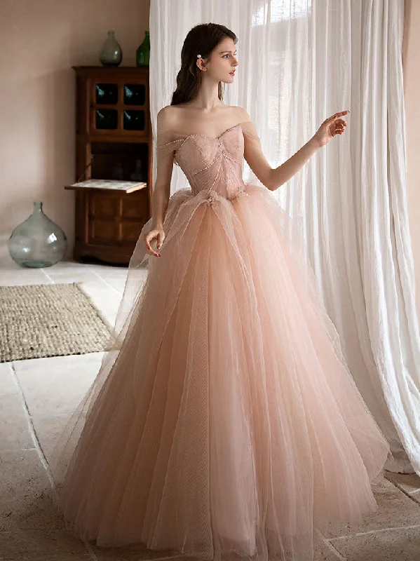 Ball Gown DressPink Sweetheart Neck Tulle Long Prom Dress, Pink Evening Dress