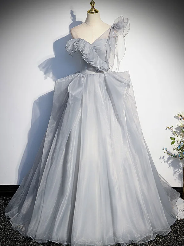 Velvet DressGray Sweetheart Tulle Long Prom Dress, Gray Evening Dress