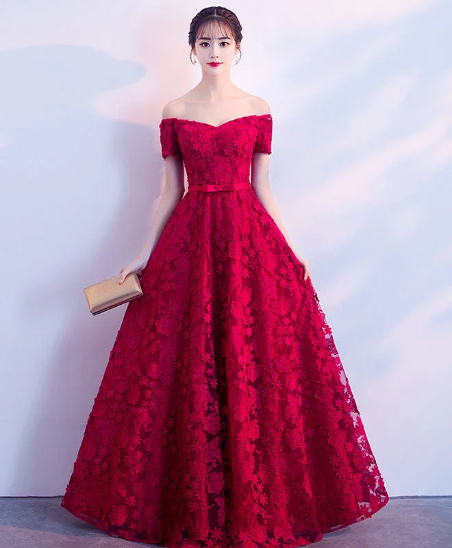 women's apple-shaped body dressesBurgundy Lace Long Prom Dress, Burgundy Lace Evening Dress