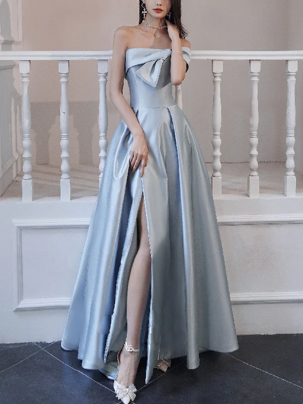 Evening DressSimple Blue Satin Long Prom Dress, Blue Formal Evening Dress