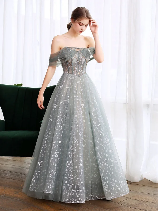 women's floral dressesGray Blue Tulle Lace Long Prom Dress, Gray Blue Evening Dress