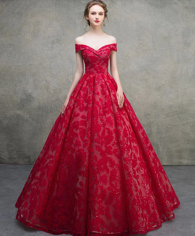 Zipper DressRed Off Shoulder Lace Long Prom Dress, Red Lace Long Evening Dress