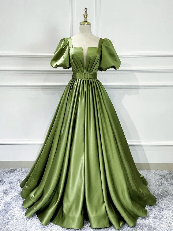 Peplum Hem DressA line Satin Long Green Prom Dresses, Green Formal Evening Graduation Dresses