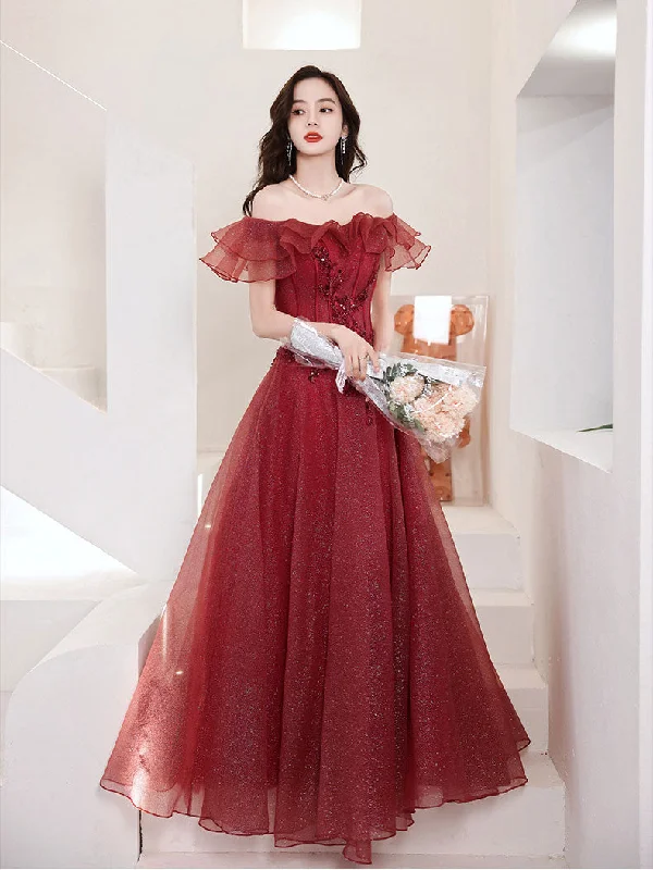 women's ethical fashion dressesBurgundy Tulle Off Shoulder Long Prom Dress, Burgundy Evening Dress