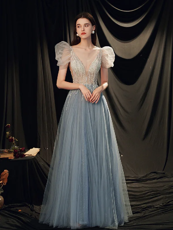 Floor-Length DressGray Blue V Neck Tulle Sequin Long Prom Dress, Gray Blue Evening Dress