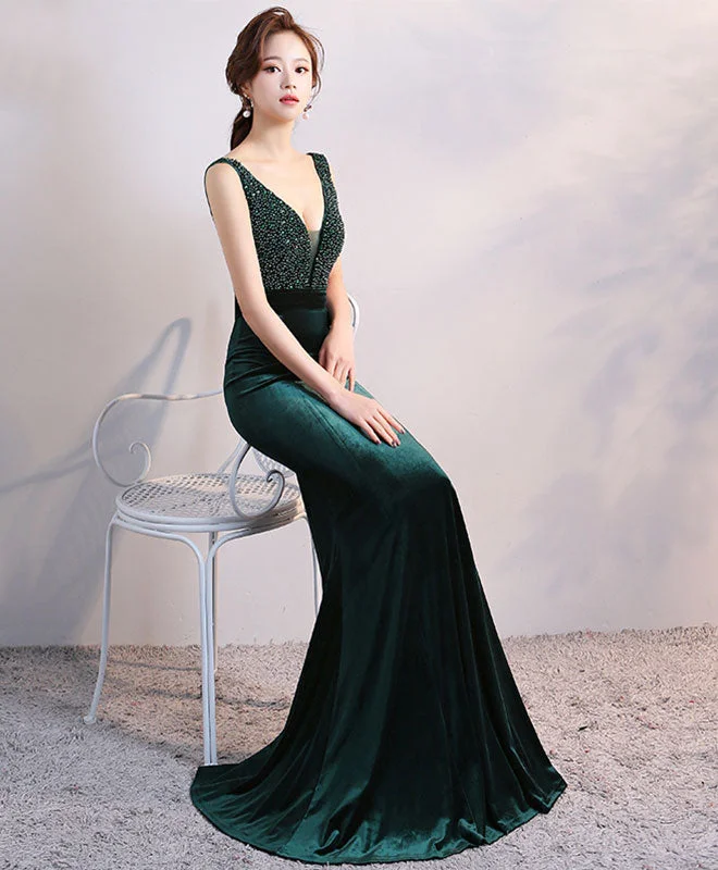 Zip-Up DressGreen V Neck Velvet Long Prom Dress, Mermaid Evening Dress