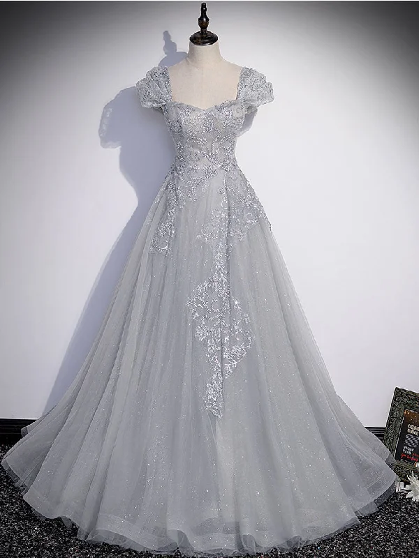 women's wedding guest dressesGray Sweetheart Neck Tulle Lace Long Prom Dress, Gray Evening Dress