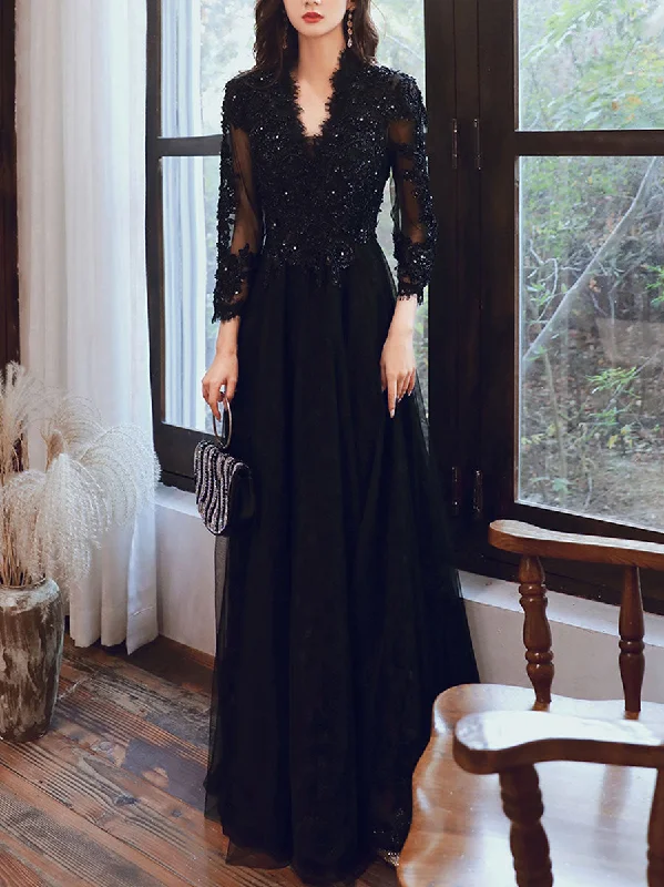 women's prom dressesBlack V Neck Tulle Lace  Beads Long Prom Dress, Black Tulle Evening Dresses