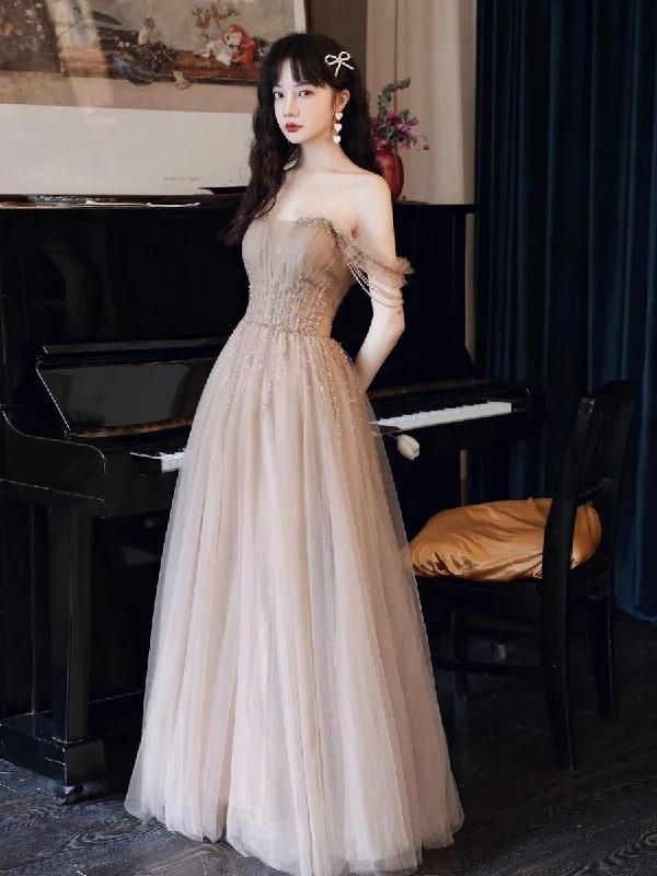 Long-Sleeve DressChampagne A line Tulle Beads Long Prom Dress, Champagne Evening Dresses